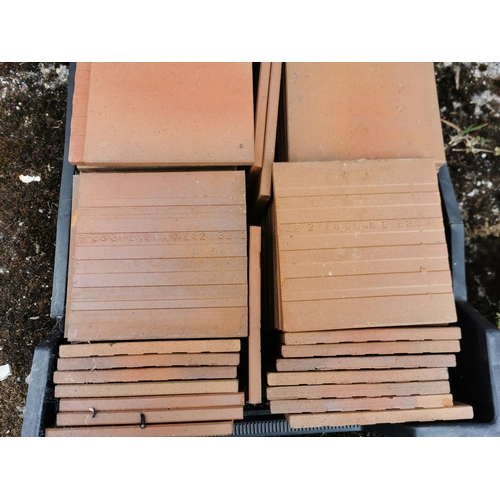 410 - Box of terracotta coloured floor tiles, stamped England), 80 approx. each 15cm sq