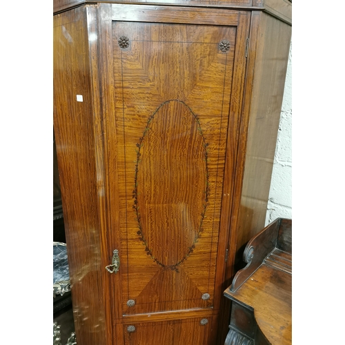 42 - Edw Tall Satinwood Corner Cabinet, the feathered single door inlaid with floral bordered oval panel,... 