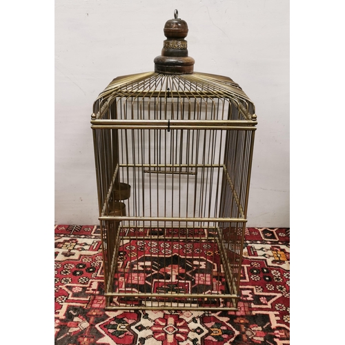 421 - Tall brass Bird Cage, with turned oak pediment, brass banded, 1.1mH x 0.6mW