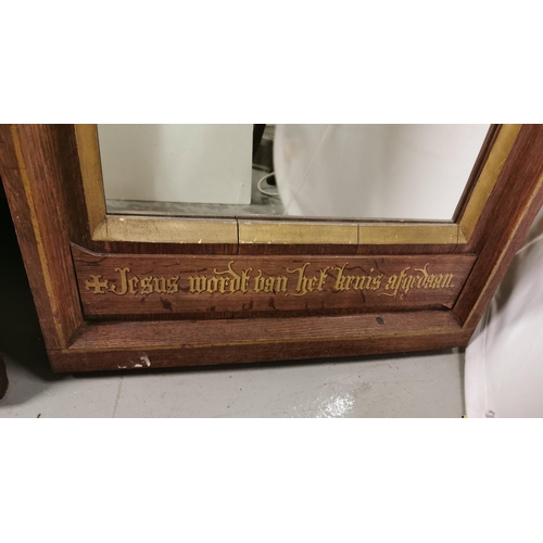 438 - Matching Pair of Oak Gothic Style Wall Mirrors, in former Stations of the Cross Frames, gold letteri... 