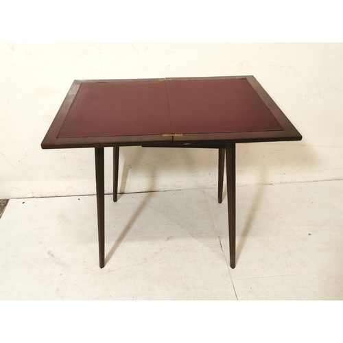 44 - Vintage Mahogany Fold Over Card Table, red leatherette top, slim legs 55cmW x 70cmH (open 79cmW)