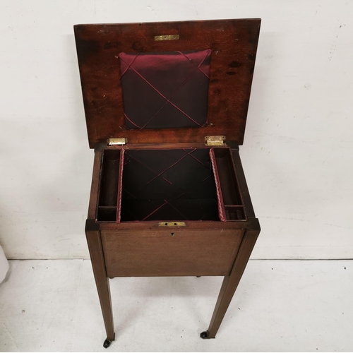 46 - Small mahogany sewing box, on tapered legs, 30cm x 38cmH