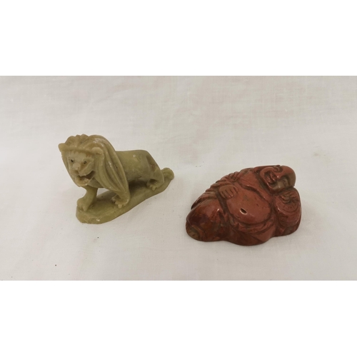 474 - 2 small sized hardstone pieces  a roaring Lion (7cmW) and a reclining buddha, 6cmW (signed at the b... 