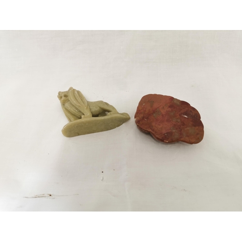 474 - 2 small sized hardstone pieces  a roaring Lion (7cmW) and a reclining buddha, 6cmW (signed at the b... 