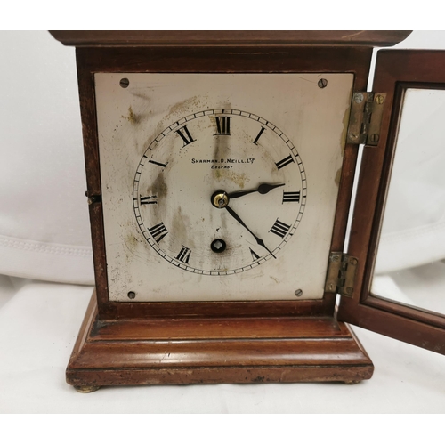 481 - Small early 20thC Bracket Clock, mahogany case, silvered dial, stamped Sharman ONeill, Belfast, 2... 