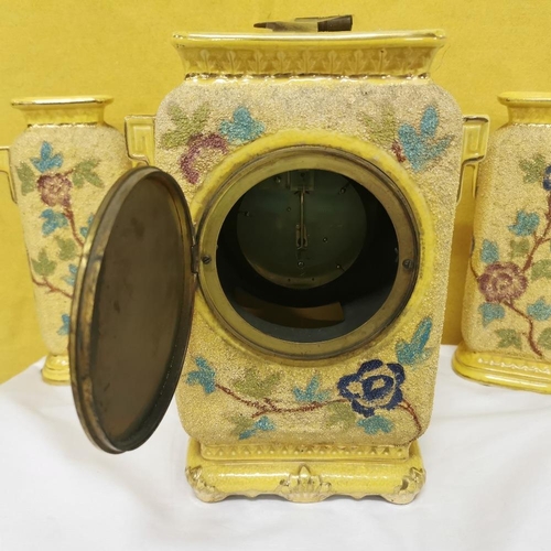 486 - 3-piece Victorian pottery Clock Set, yellow ground with raised floral detail  a mantle clock and a ... 