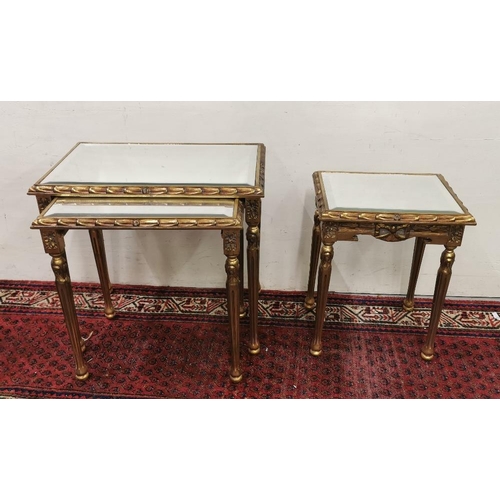 49 - Nest of 3 Gilt Wood Finish Tables, each with a bevelled mirror top, on turned front and back legs, (... 