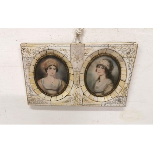 491 - Framed double portrait of two Regency Ladies, wearing silk scarves and dresses (frame is bone or com... 