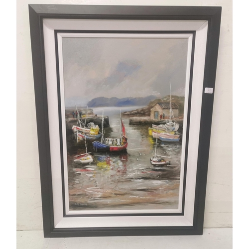 492 - NIALL CAMPION, Quiet Harbour, Oil on Canvas, double border white and black frame, 96cmH x 71cmW