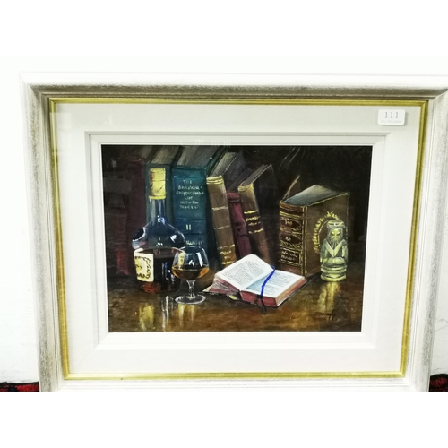 495 - PADDY DOHENY, Night Cap, 2000, Still Life  Leather bound books, brandy bottle, signed, in a boxed... 