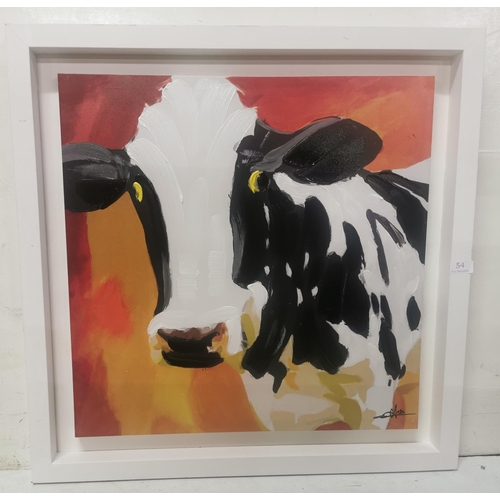 496 - 20th C School  Friesian Cow, Oil on Canvas Print, signed, white contemporary frame, 74 x 74cm