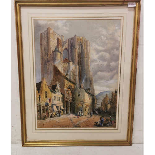 497 - 19thC Watercolour  Old French Street with castle, in gilt colour frame 75cm x 60 cm