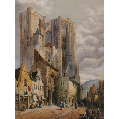 497 - 19thC Watercolour  Old French Street with castle, in gilt colour frame 75cm x 60 cm