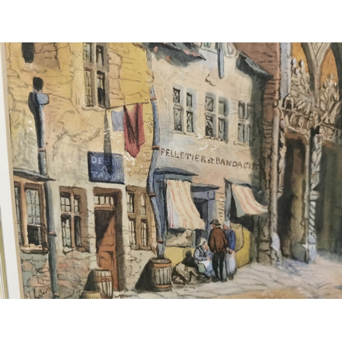 497 - 19thC Watercolour  Old French Street with castle, in gilt colour frame 75cm x 60 cm