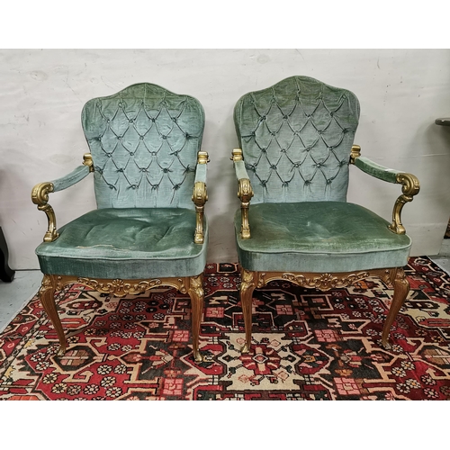 5 - Matching Pair of Continental Brass-Framed Armchairs, with curved backs, upholstered in green velour,... 