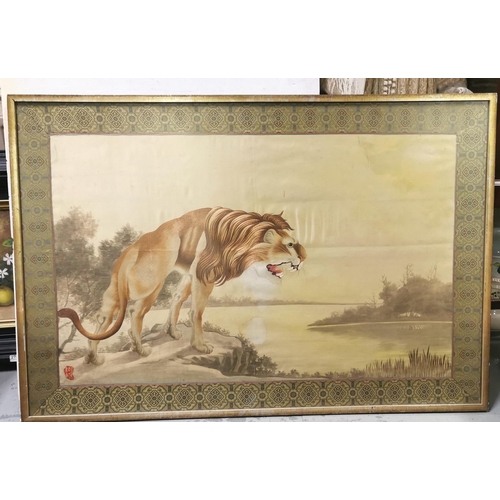 504 - Early to mid-20thC Chinese large framed Silk  a roaring lion overlooking the river valley, signed l... 