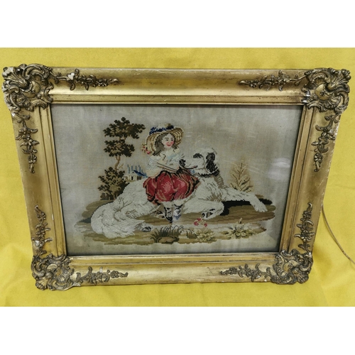 508 - 19th C framed Tapestry  Figure of a Girl sitting on a white dog in garden setting, ornate gilt fram... 