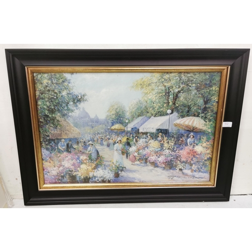 509 - 20thC The Flower Sellers, continental oil on board, ebony frame, 63 x 88cmW