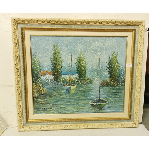 513 - DONALD  Impressionist style  sail boats at river edge, oil on canvas, moulded cream and green fram... 