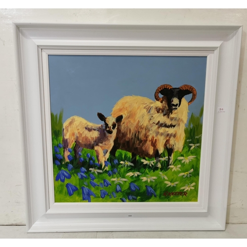 514 - RONALD KEEFER, Connemara Sheep in meadow lands, oil on board, white frame, 82cm x 82cm