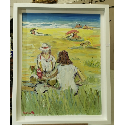 515 - MARIE CARROLL Picnic at the Seaside, Oil on Canvas, signed btm left corner, in a boxed white frame... 