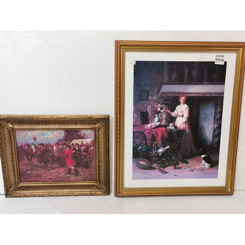 526 - 2 gold framed Pictures  early 20thC Equestrian Scene & Large Print - Edw. Lady with Dog  (2)