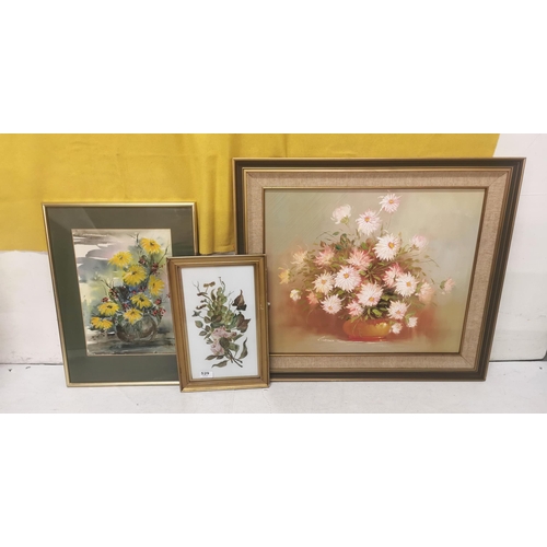 529 - 3 floral pictures (all framed)  oil on glass, watercolour of yellow flowers, modern oil  pink peon... 