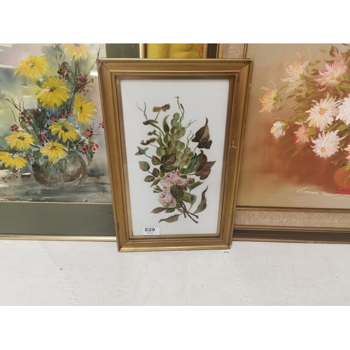 529 - 3 floral pictures (all framed)  oil on glass, watercolour of yellow flowers, modern oil  pink peon... 