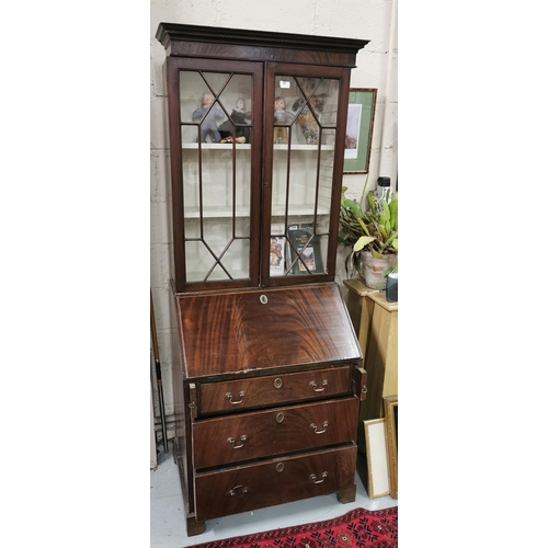 53 - Mid-20thC Bureau Bookcase, two glazed upper doors above a fall front desk 3 drawers, 2mH x 80cmW x 5... 