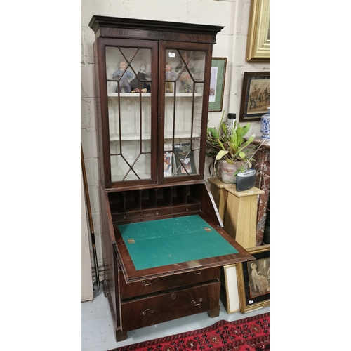 53 - Mid-20thC Bureau Bookcase, two glazed upper doors above a fall front desk 3 drawers, 2mH x 80cmW x 5... 