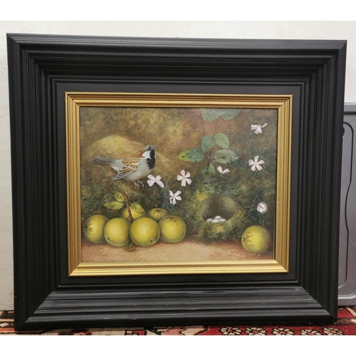 535 - ANTOINE MacGIOLLA, Nesting Finch with Green Apples in a natural setting with flowers, oil on canva... 