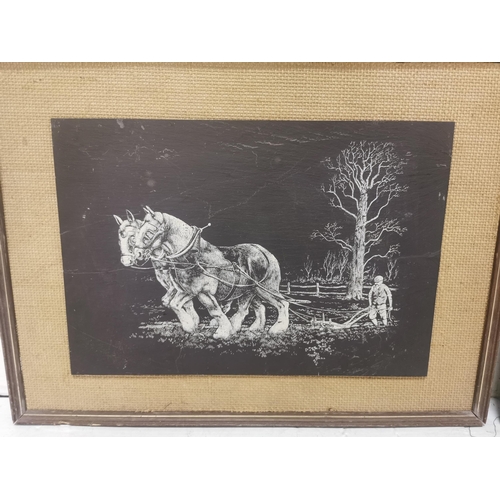 537 - Pair of etched slate art works  plough men at work with horses, each 26cm x 38cm, framed (2)