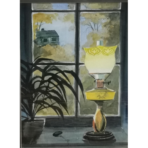 568 - PETER KNUTTEL (b.1945), Study of Victorian Oil Lamp with a yellow shade, on a Window Cill, signed wa... 