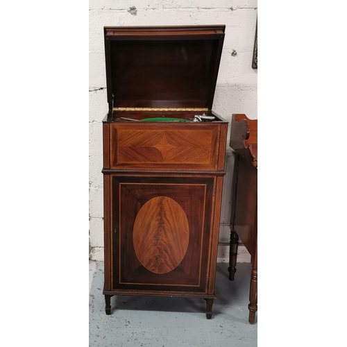 58 - Inlaid Mahogany Gramophone Cabinet, the hinged lid opening to a record player, above a single door, ... 