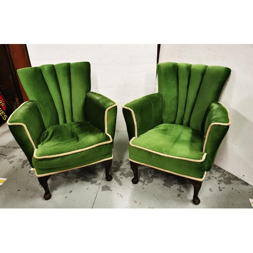 6 - Matching Pair of Green Velvet Covered Fireside Chairs, 1960s, pad feet