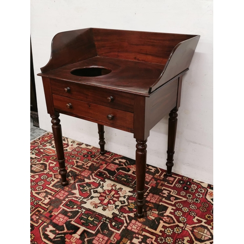 69 - Early 20thC Mahogany Wash Stand, tall back and side gallery, with a basin well and apron drawer, tur... 