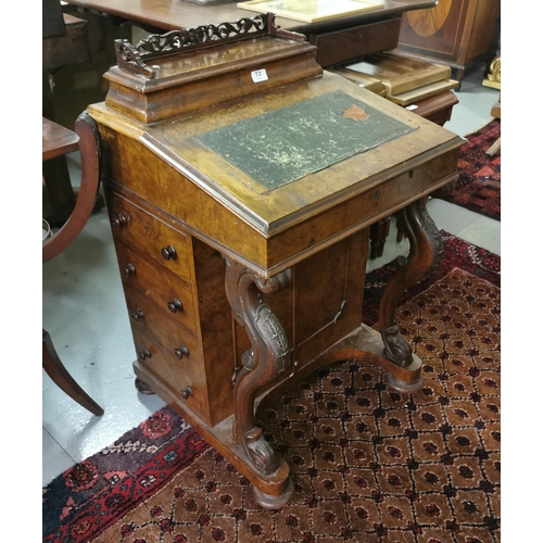 72 - Victorian Walnut Davenport Desk, with side drawers, green leather top (worn), (fretwork etc damaged)... 