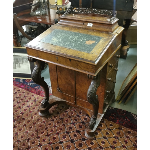 72 - Victorian Walnut Davenport Desk, with side drawers, green leather top (worn), (fretwork etc damaged)... 