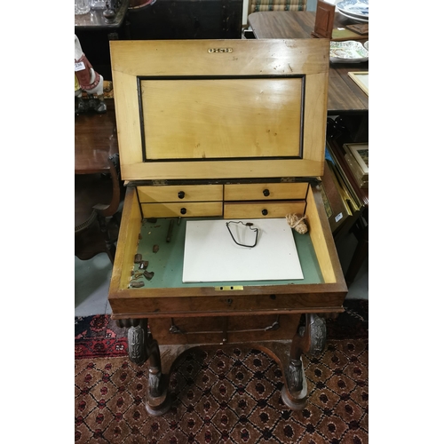 72 - Victorian Walnut Davenport Desk, with side drawers, green leather top (worn), (fretwork etc damaged)... 