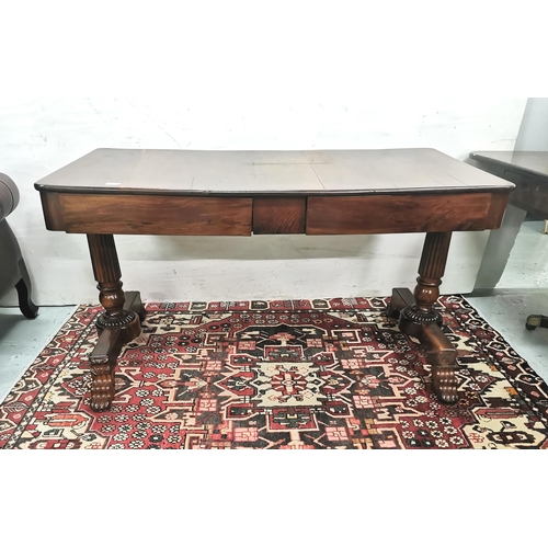 77 - 19thC Sofa Table, on reeded trestle supports with 4 paw feet, two apron drawers (varnished pitch pin... 