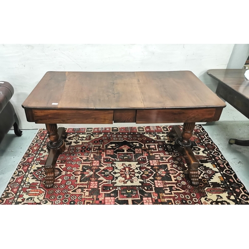 77 - 19thC Sofa Table, on reeded trestle supports with 4 paw feet, two apron drawers (varnished pitch pin... 