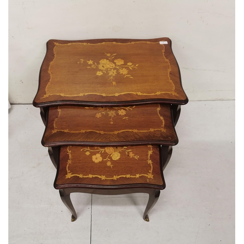 80 - Nest of 3 Side Tables, 1950s floral inlaid style, cabriole legs with brass mounts.