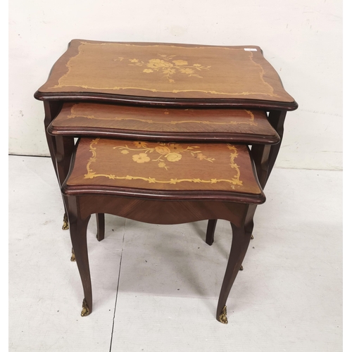 80 - Nest of 3 Side Tables, 1950s floral inlaid style, cabriole legs with brass mounts.