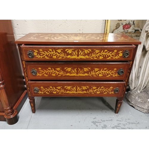 81 - Marquetry decorated Chest of 3 Drawers, decorated with floral swags and urns, on tapered feet, 94cmH... 