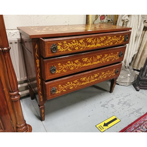 81 - Marquetry decorated Chest of 3 Drawers, decorated with floral swags and urns, on tapered feet, 94cmH... 