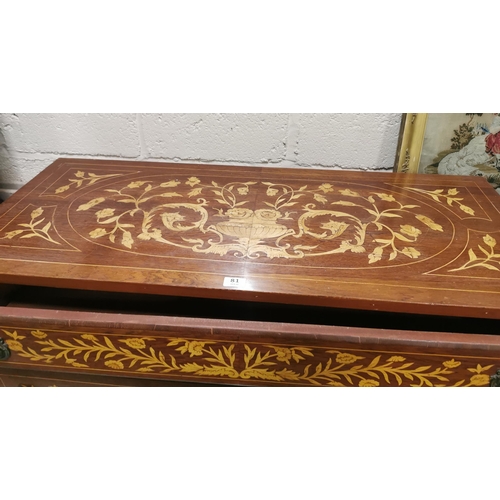 81 - Marquetry decorated Chest of 3 Drawers, decorated with floral swags and urns, on tapered feet, 94cmH... 