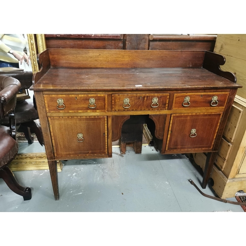 84 - Edwardian Inlaid Mahogany Sideboard with 3 drawers and 2 cabinets, tapered legs, rear gallery, 52cmD... 