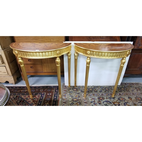 91 - Matching Pair of Demi-Lune Fino Gold Decorated Side Tables, each with a marquetry style table top, a... 