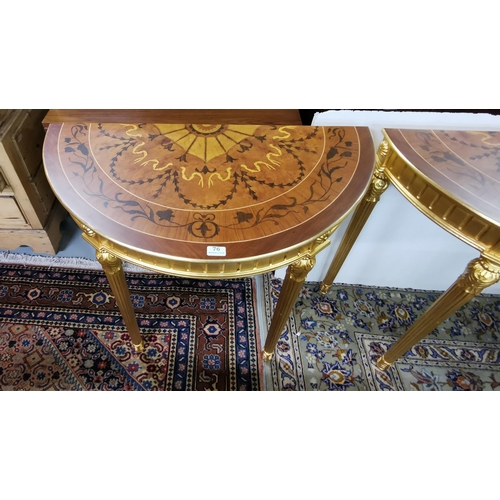 91 - Matching Pair of Demi-Lune Fino Gold Decorated Side Tables, each with a marquetry style table top, a... 