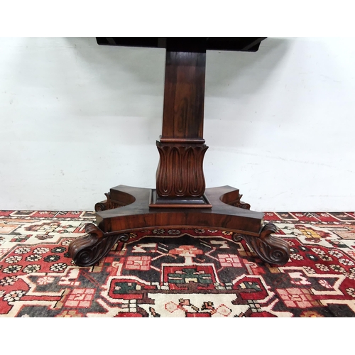 93 - Regency Rosewood Card Table, with a fold-over top, acanthas mouldings to the frieze and supporting p... 